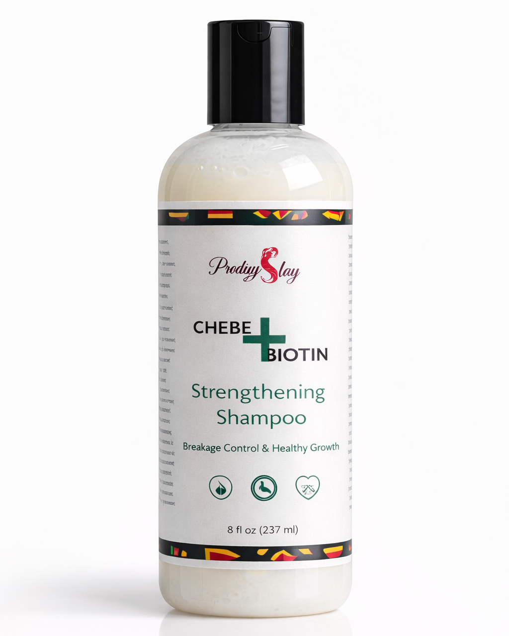 Bottle of Prodigy Slay Chebe + Biotin Strengthening Shampoo on a white background