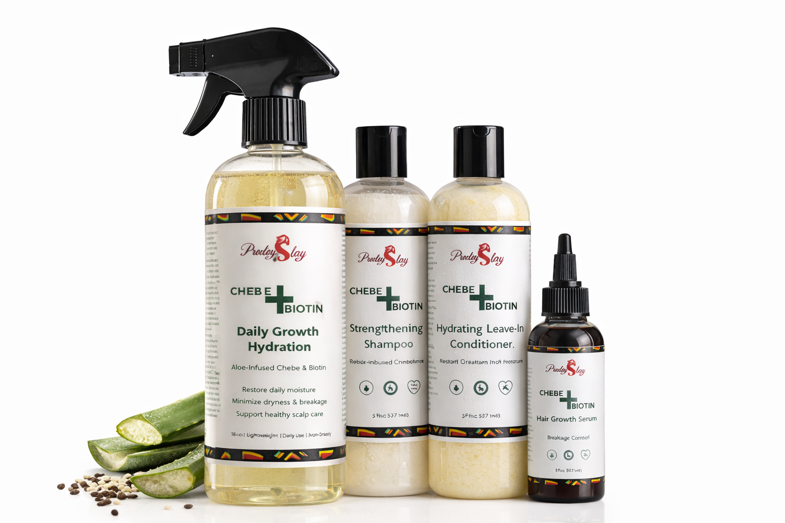 Set of hair care products including a spray bottle, bottles, and a dropper on a white background.