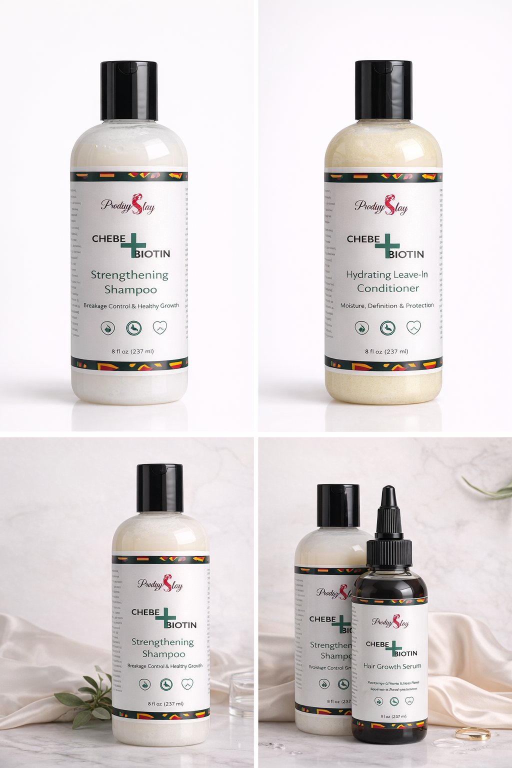 Set of hair care products including shampoo, conditioner, and serum with visible branding on a neutral background.