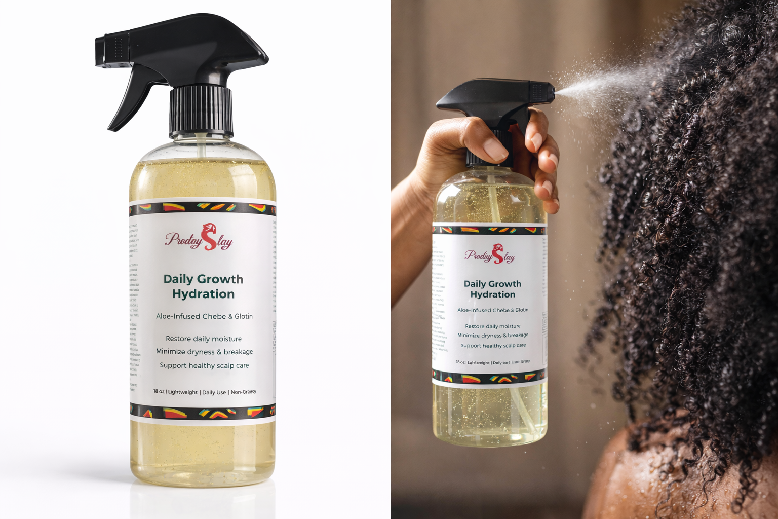 Two bottles of 'Daily Growth Hydration' product with a person using one of them on their hair.